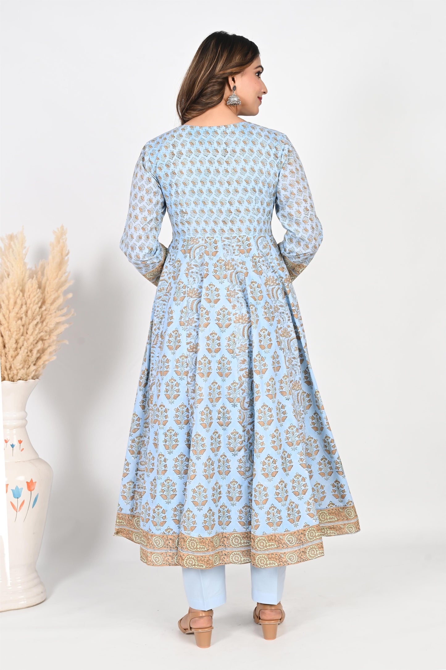 Sky Blue Block Printed Anarkali Dress with Pant