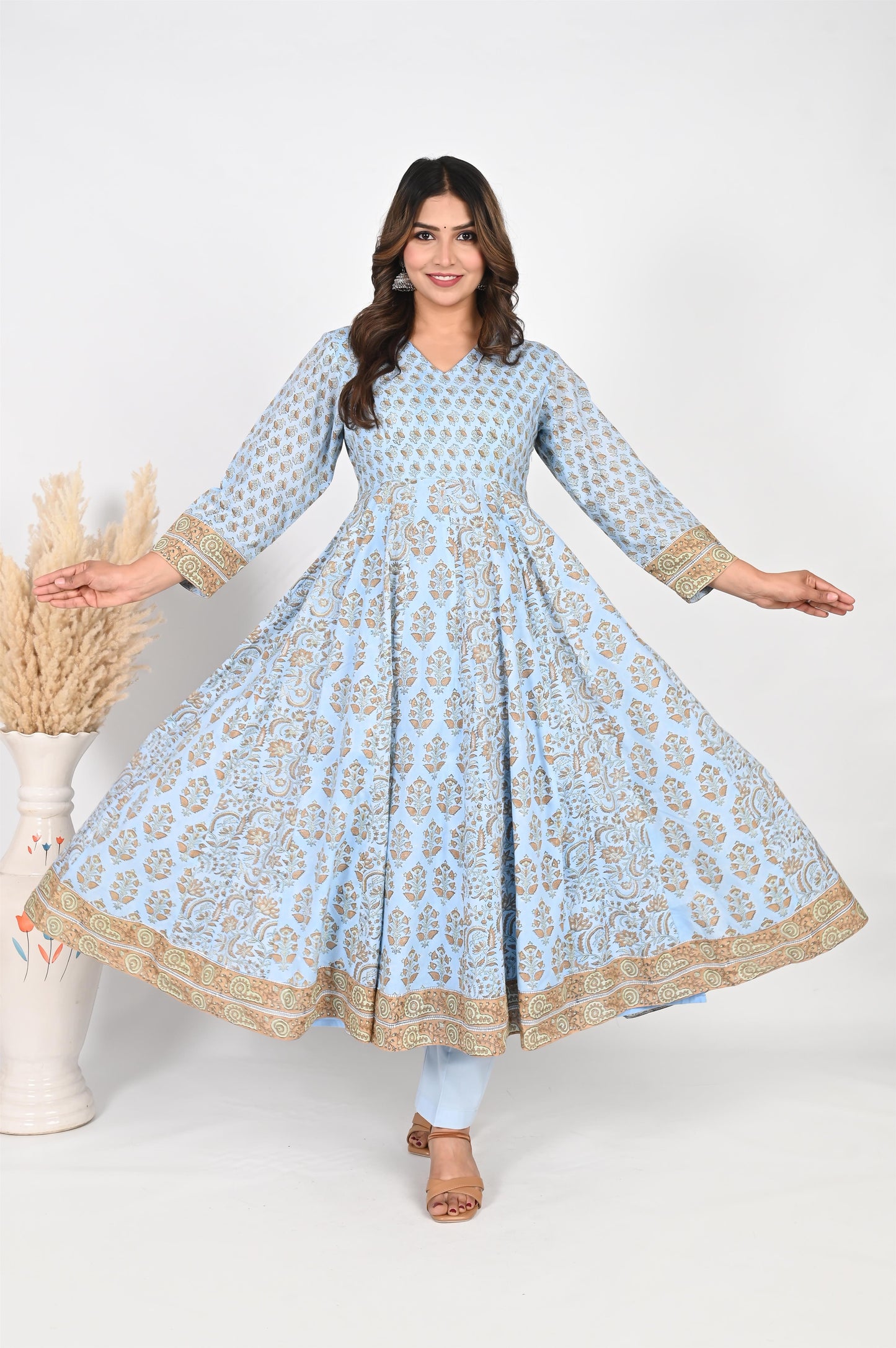 Sky Blue Block Printed Anarkali Dress with Pant