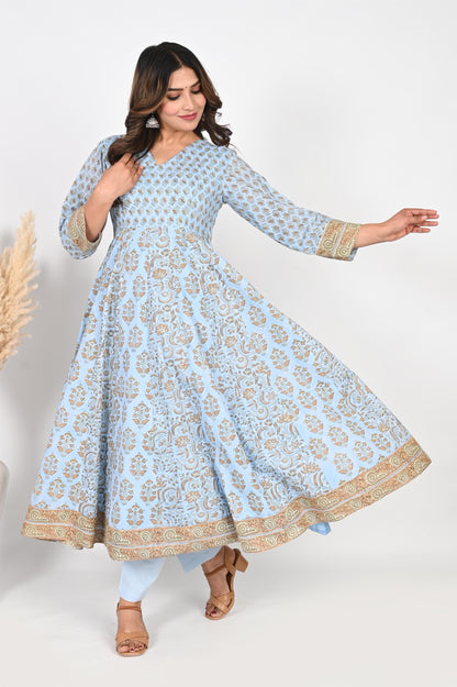 Sky Blue Block Printed Anarkali Dress with Pant