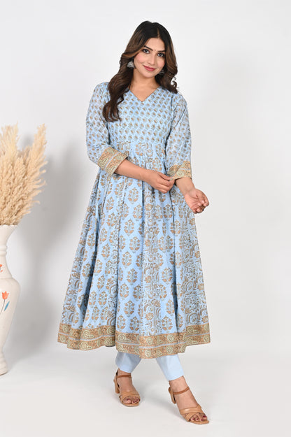 Sky Blue Block Printed Anarkali Dress with Pant