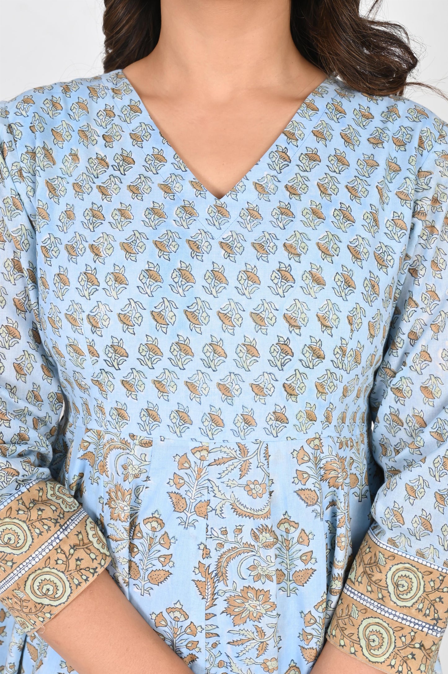 Sky Blue Block Printed Anarkali Dress with Pant