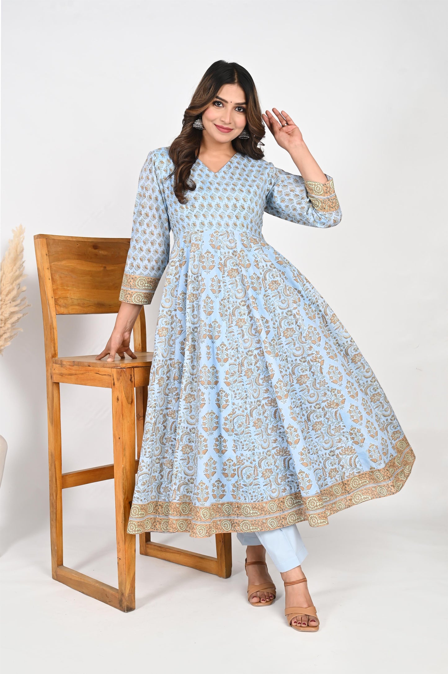 Sky Blue Block Printed Anarkali Dress with Pant