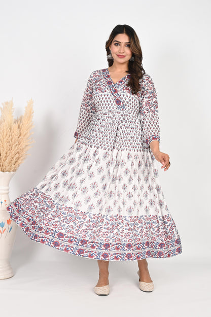 Blue Handblock Printed Anarkali Dress