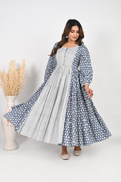 Blue Handblock Printed Anarkali Dress