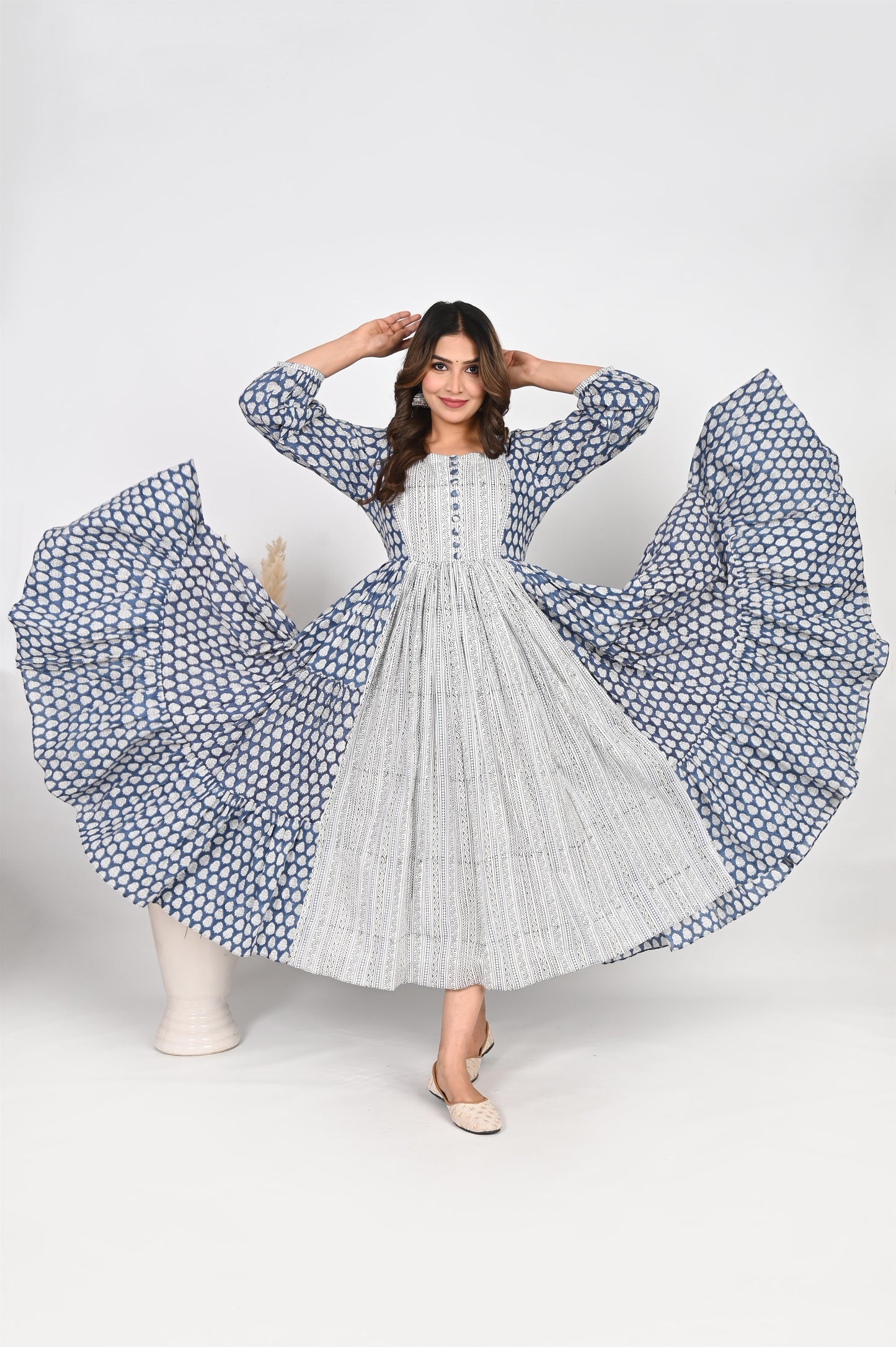 Blue Handblock Printed Anarkali Dress