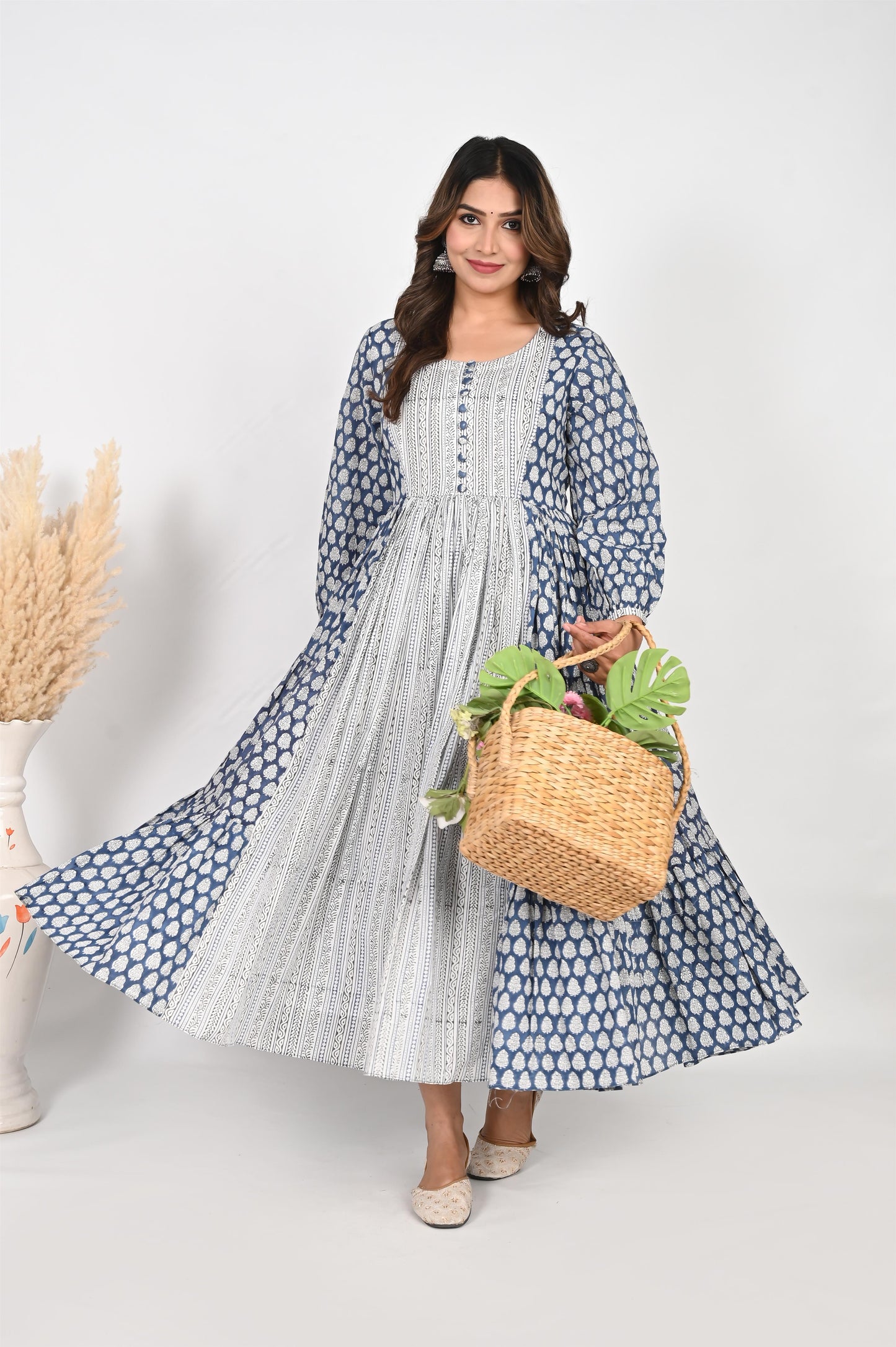 Blue Handblock Printed Anarkali Dress