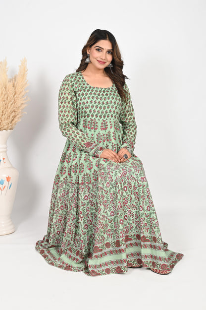 Mint Green Handblock Printed Anarkali