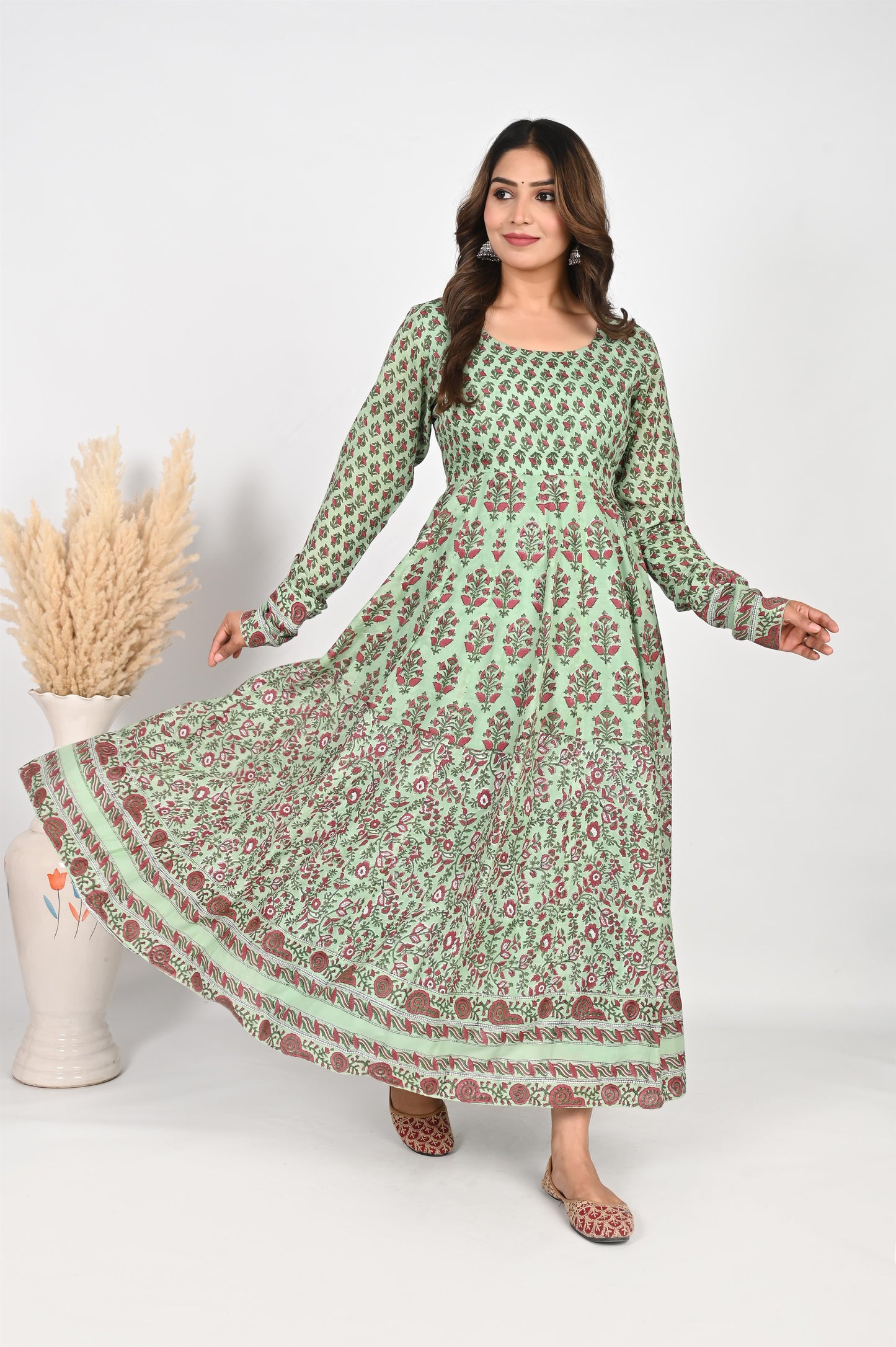 Mint Green Handblock Printed Anarkali