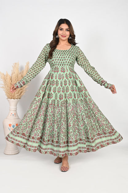 Mint Green Handblock Printed Anarkali