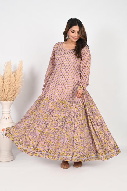 Dusty MauveHandblock Printed Anarkali Dress