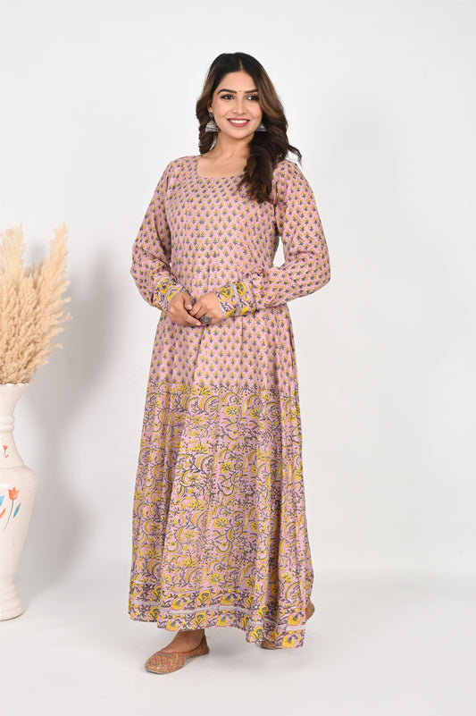 Dusty MauveHandblock Printed Anarkali Dress