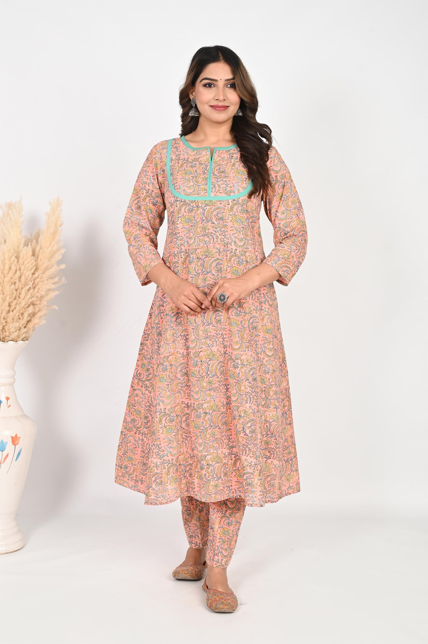 Peach Kali Handblock Printed Suit Set with luxury Mul Dupatta