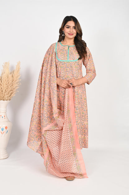 Peach Kali Handblock Printed Suit Set with luxury Mul Dupatta