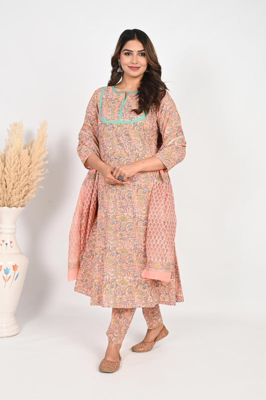 Peach Kali Handblock Printed Suit Set with luxury Mul Dupatta