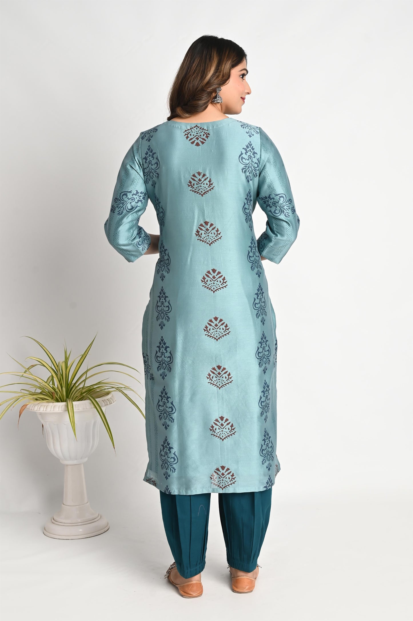 Premium Chanderi Blue Handblock Printed Suit Set with Chanderi Dupatta and Afghan Pant