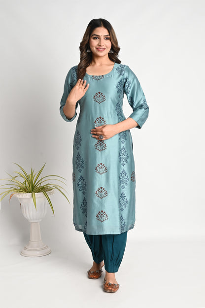 Premium Chanderi Blue Handblock Printed Suit Set with Chanderi Dupatta and Afghan Pant