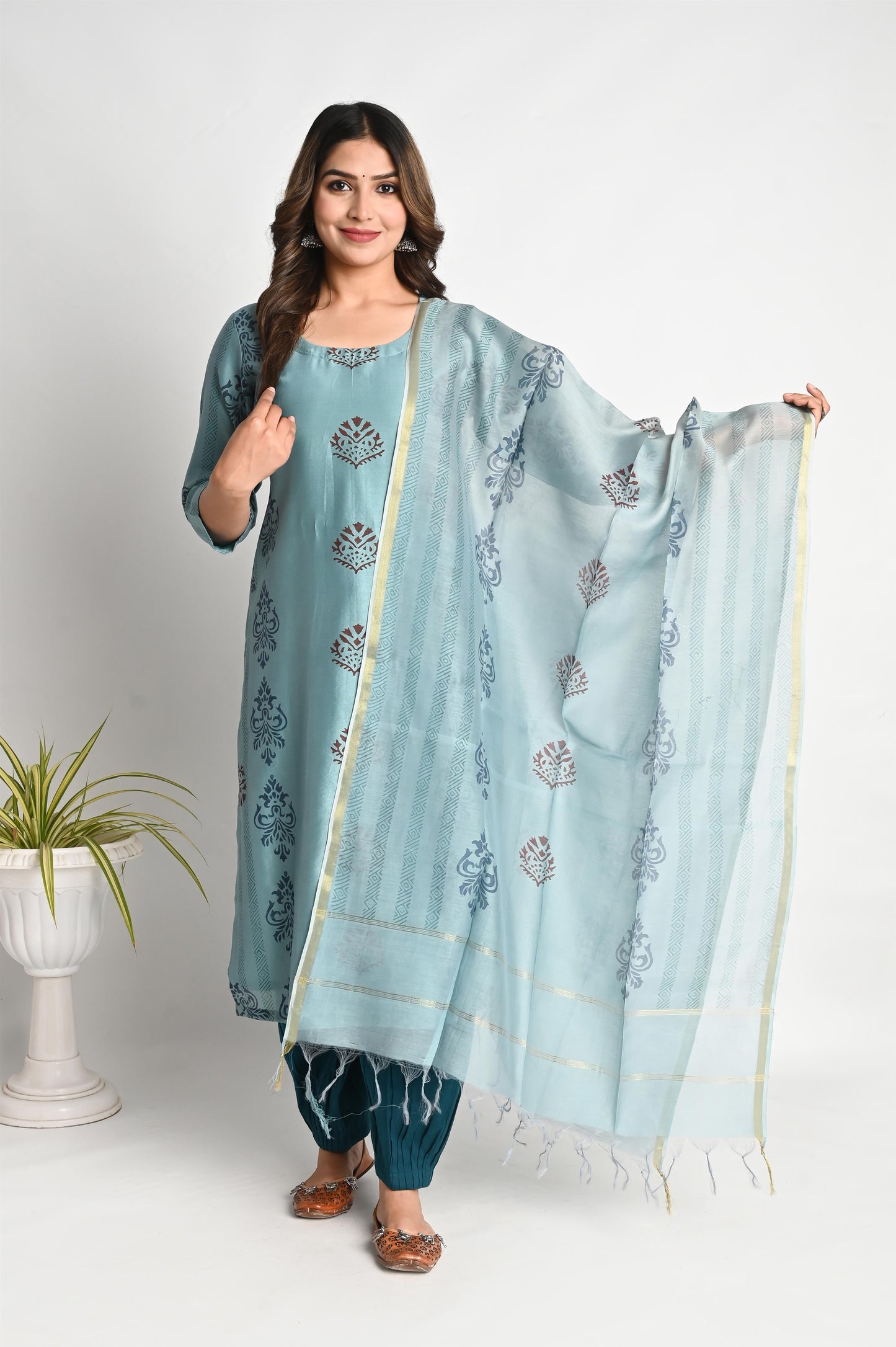 Premium Chanderi Blue Handblock Printed Suit Set with Chanderi Dupatta and Afghan Pant