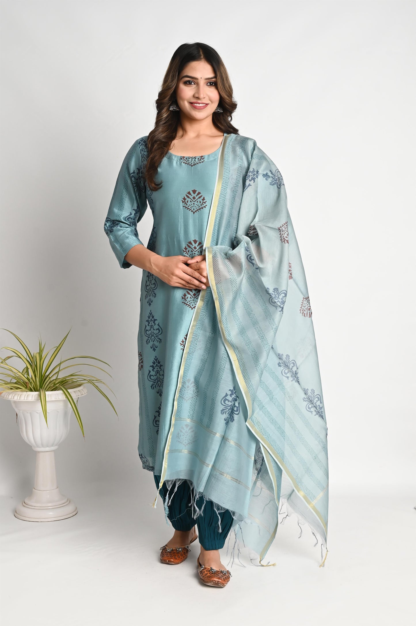 Premium Chanderi Blue Handblock Printed Suit Set with Chanderi Dupatta and Afghan Pant