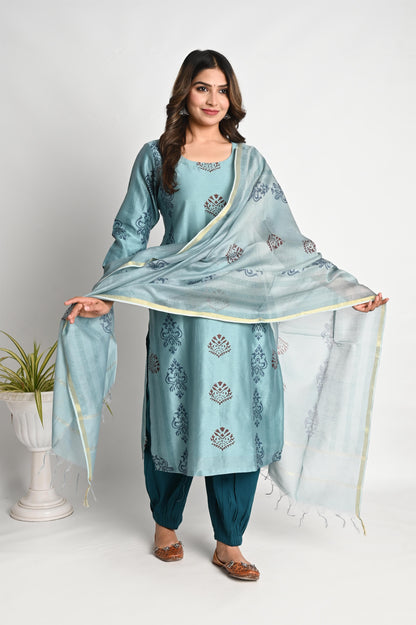 Premium Chanderi Blue Handblock Printed Suit Set with Chanderi Dupatta and Afghan Pant