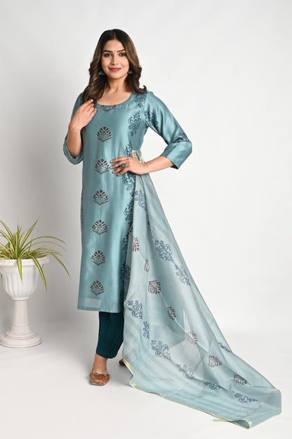 Premium Chanderi Blue Handblock Printed Suit Set with Chanderi Dupatta and Afghan Pant