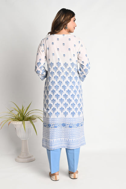 Blue Handblock Printed Luxury Cotton Suit Set with Premium Mul Dupatta