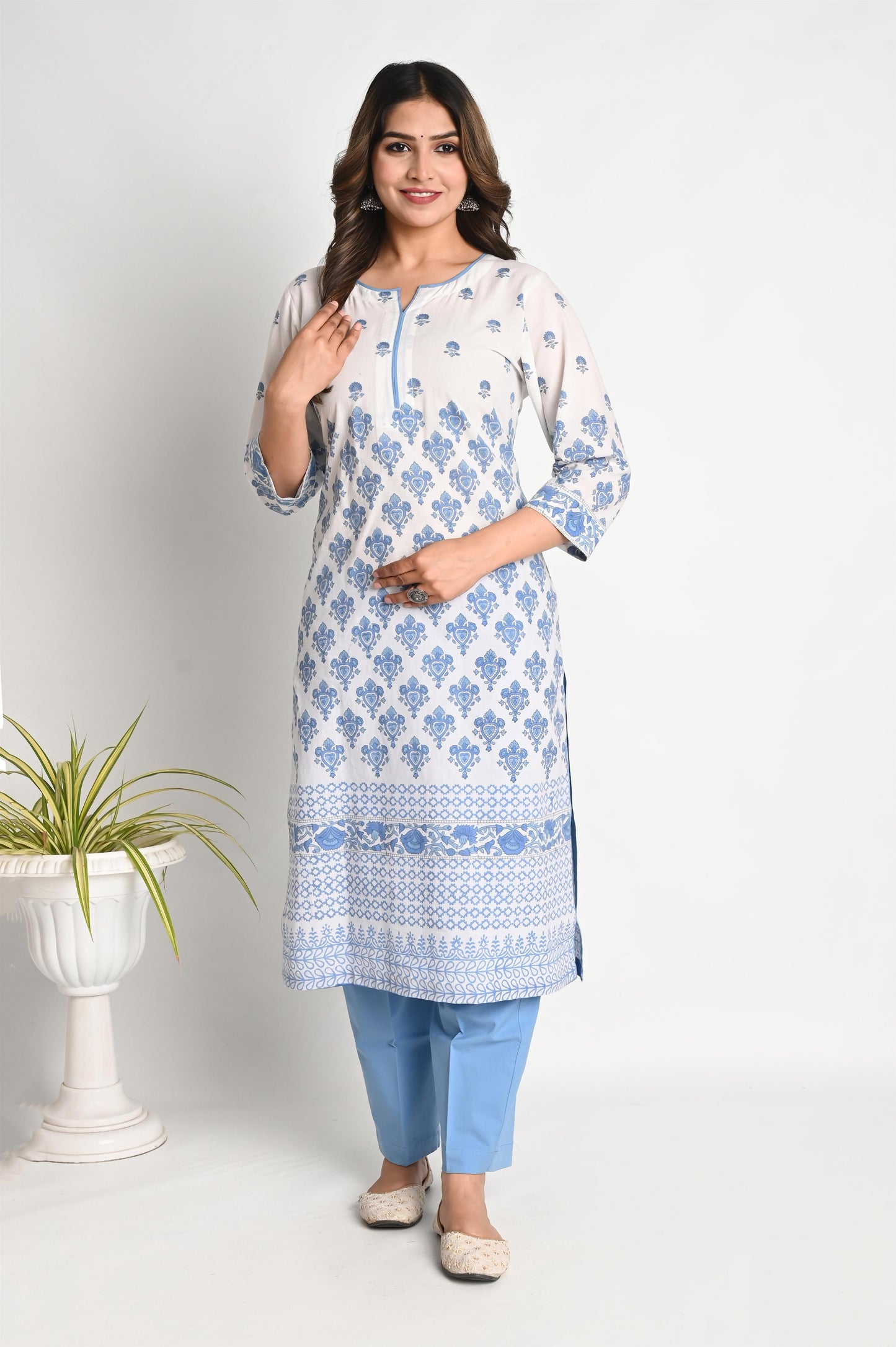 Blue Handblock Printed Luxury Cotton Suit Set with Premium Mul Dupatta