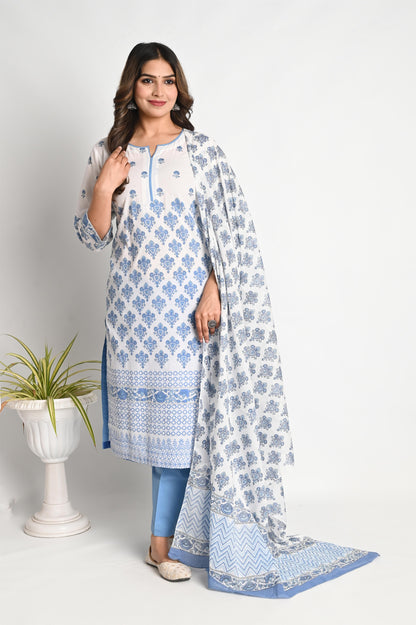 Blue Handblock Printed Luxury Cotton Suit Set with Premium Mul Dupatta