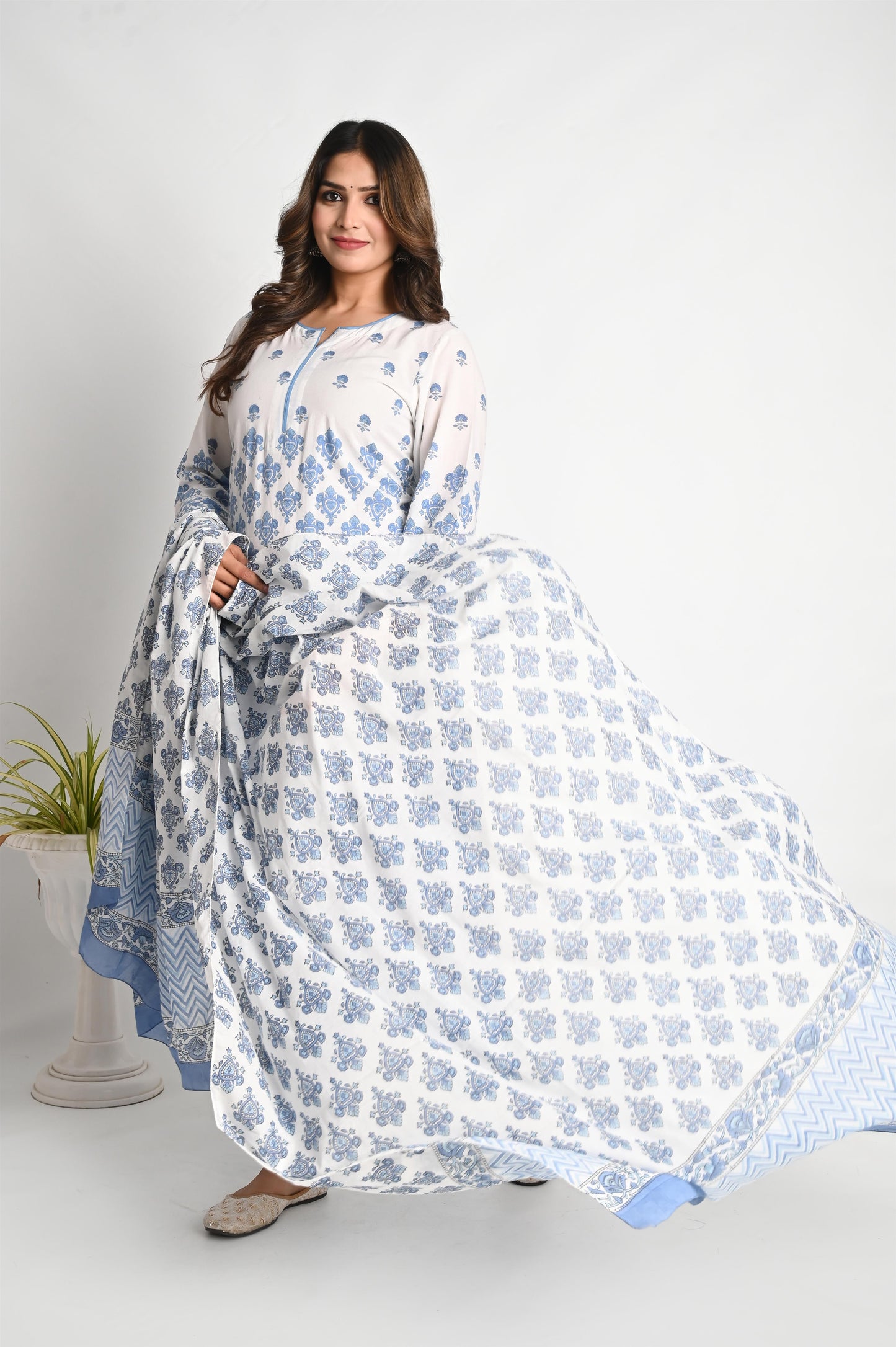 Blue Handblock Printed Luxury Cotton Suit Set with Premium Mul Dupatta