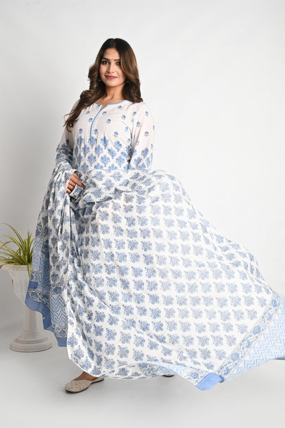 Blue Handblock Printed Luxury Cotton Suit Set with Premium Mul Dupatta