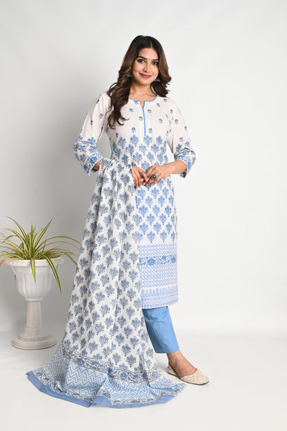 Blue Handblock Printed Luxury Cotton Suit Set with Premium Mul Dupatta