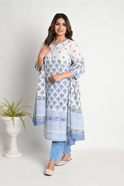 Blue Handblock Printed Luxury Cotton Suit Set with Premium Mul Dupatta