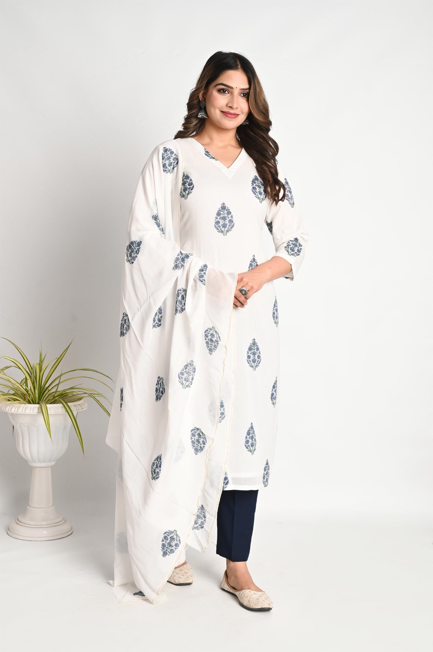 Blue Buti Handblock Chanderi Suit Set