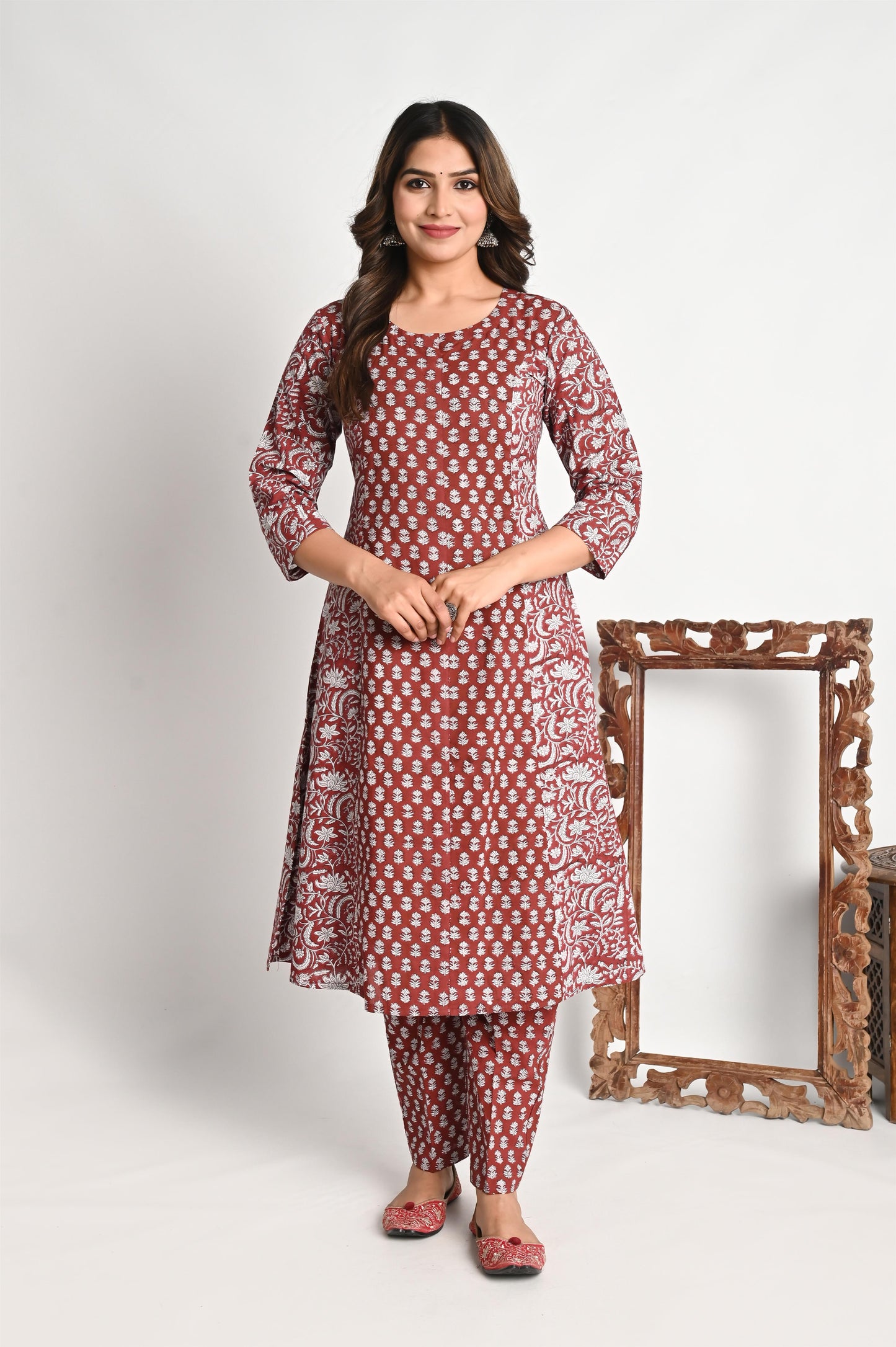 Maroon Luxury Cotton Handblock Print suit Set with Mul Dupatta