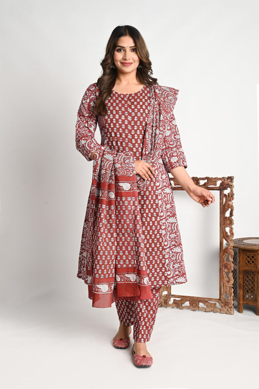 Maroon Luxury Cotton Handblock Print suit Set with Mul Dupatta