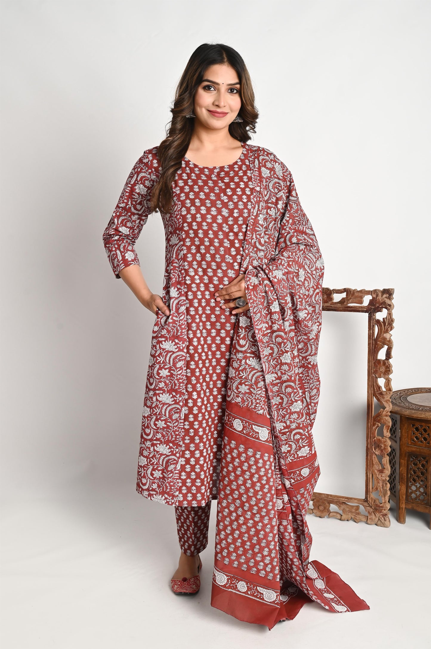 Maroon Luxury Cotton Handblock Print suit Set with Mul Dupatta