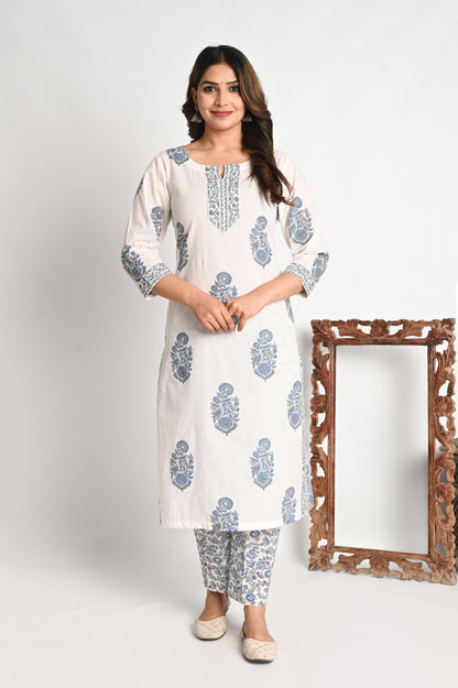 Blue Luxury Cotton Handblock print Suit Set with Mul Dupatta