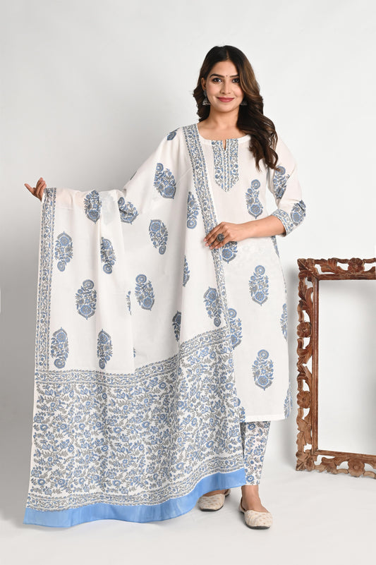 Blue Luxury Cotton Handblock print Suit Set with Mul Dupatta