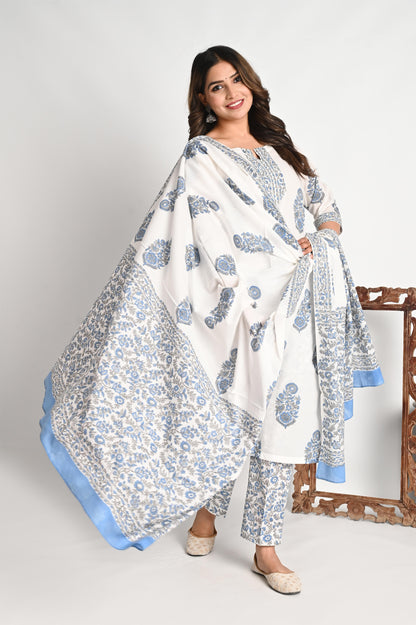 Blue Luxury Cotton Handblock print Suit Set with Mul Dupatta