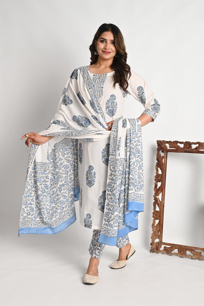 Blue Luxury Cotton Handblock print Suit Set with Mul Dupatta