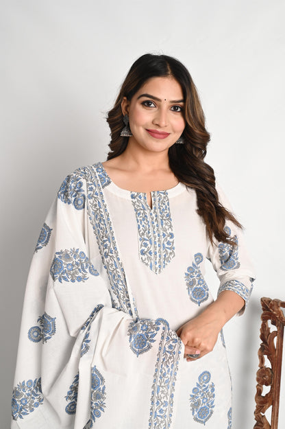 Blue Luxury Cotton Handblock print Suit Set with Mul Dupatta