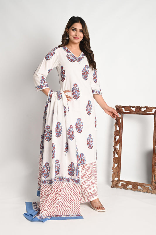 Buta Print Luxury Cotton Suit Set with Palazzo Pant and Mul Dupatta