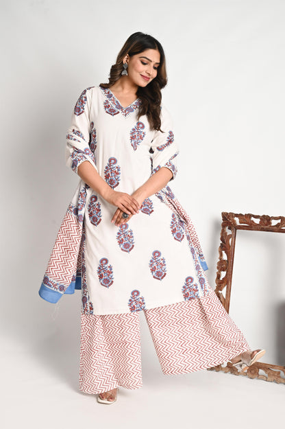 Buta Print Luxury Cotton Suit Set with Palazzo Pant and Mul Dupatta