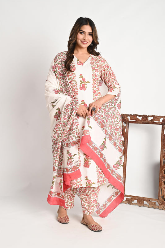 Luxury Cotton Handblock Print Suit Set with Premium Mul Dupatta