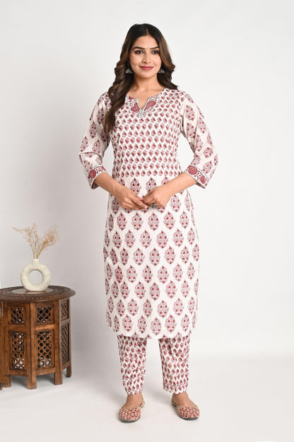 Peach Pink Handblock Printed One Piece Suit Set with Mul Dupatta