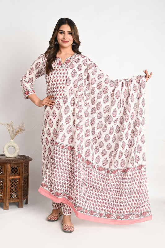 Peach Pink Handblock Printed One Piece Suit Set with Mul Dupatta