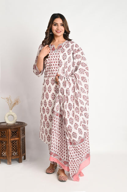 Peach Pink Handblock Printed One Piece Suit Set with Mul Dupatta