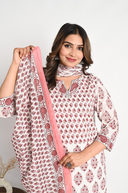 Peach Pink Handblock Printed One Piece Suit Set with Mul Dupatta