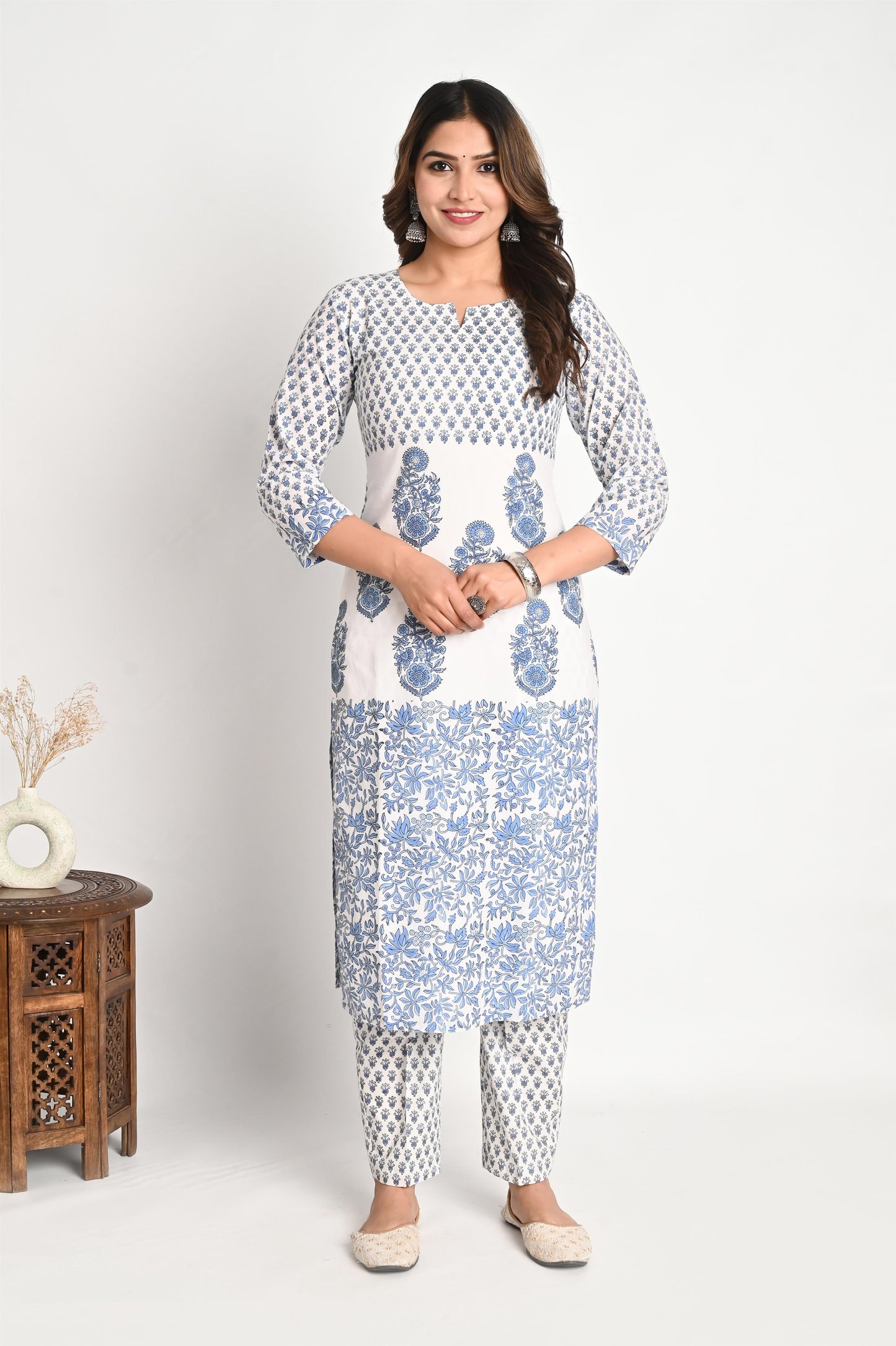 Designer One Piece Handblock Print Cotton Suit Set with Premium Mul Dupatta