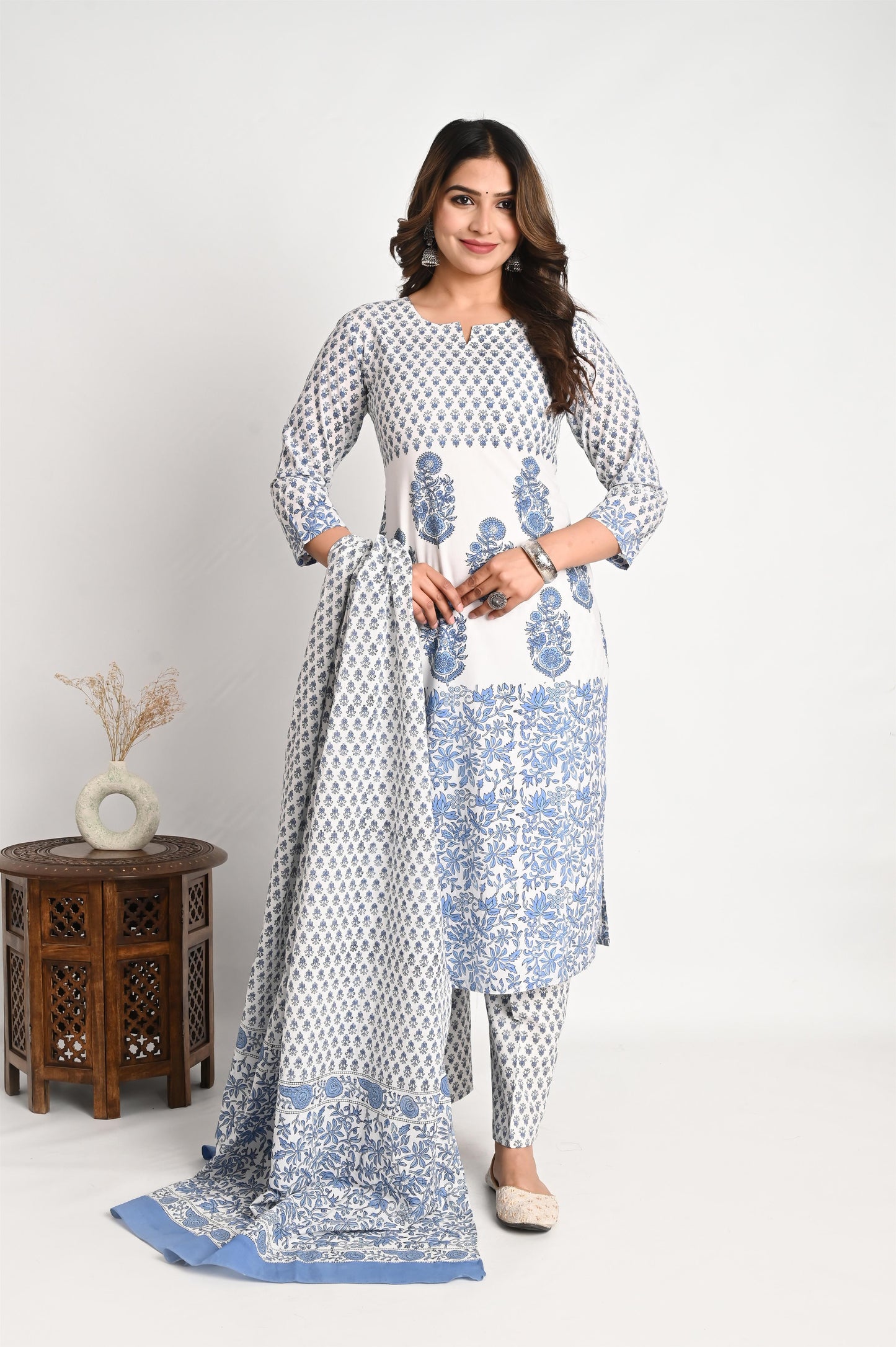 Designer One Piece Handblock Print Cotton Suit Set with Premium Mul Dupatta