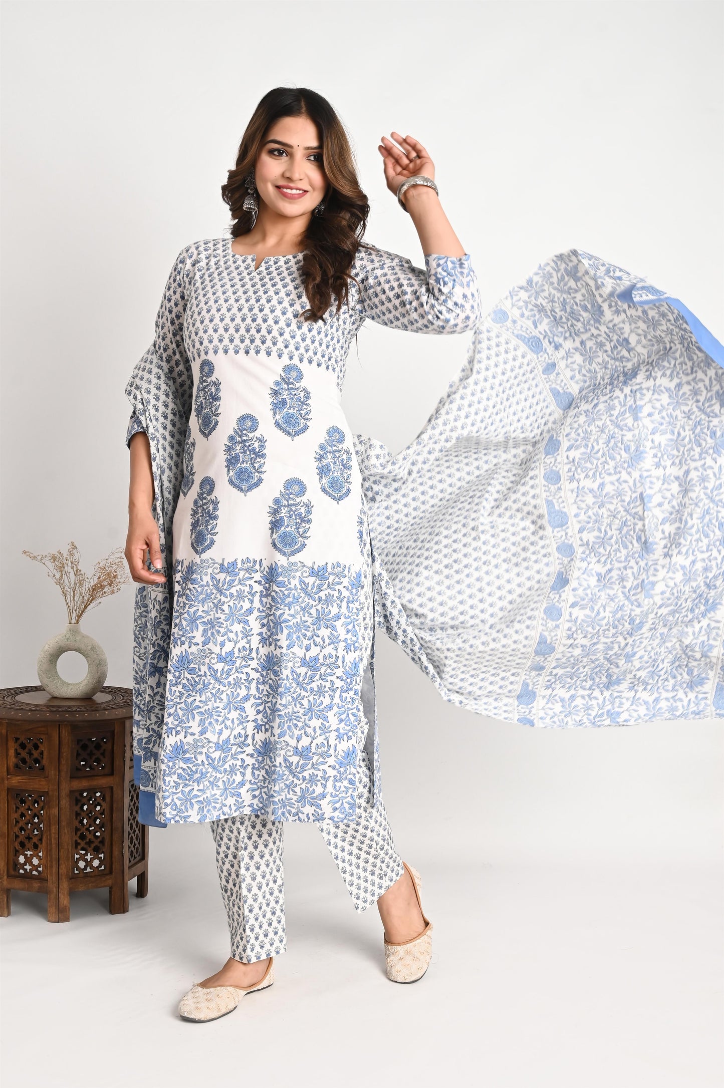 Designer One Piece Handblock Print Cotton Suit Set with Premium Mul Dupatta